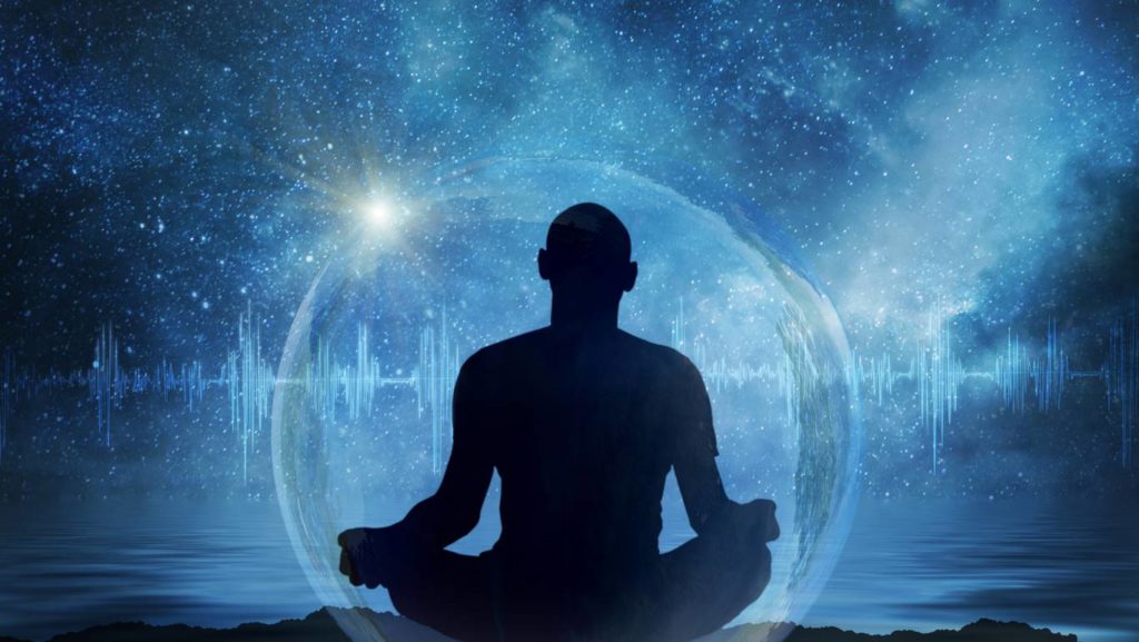 Yoga cosmic space meditation illustration, silhouette of man pra